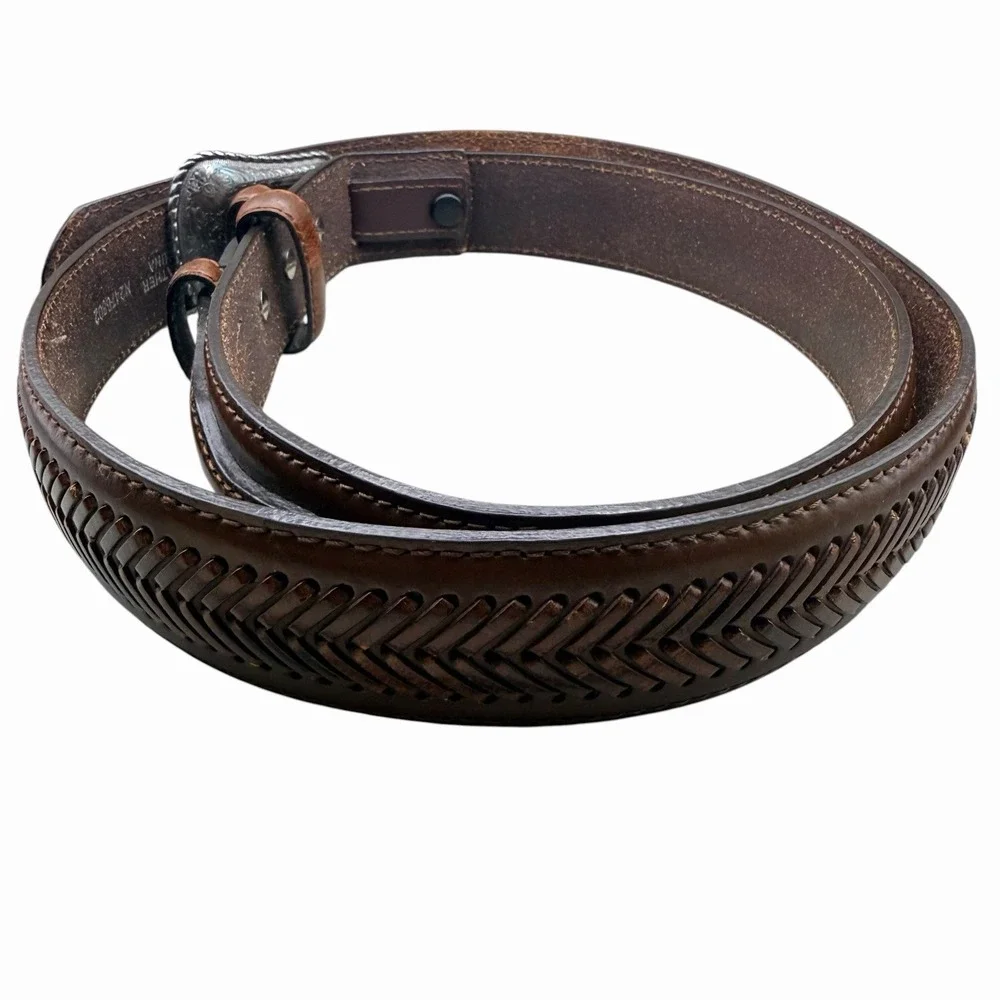 Nocona Belt Brown Tooled Leather Western Size 44 Engraved Silver Buckle Men's